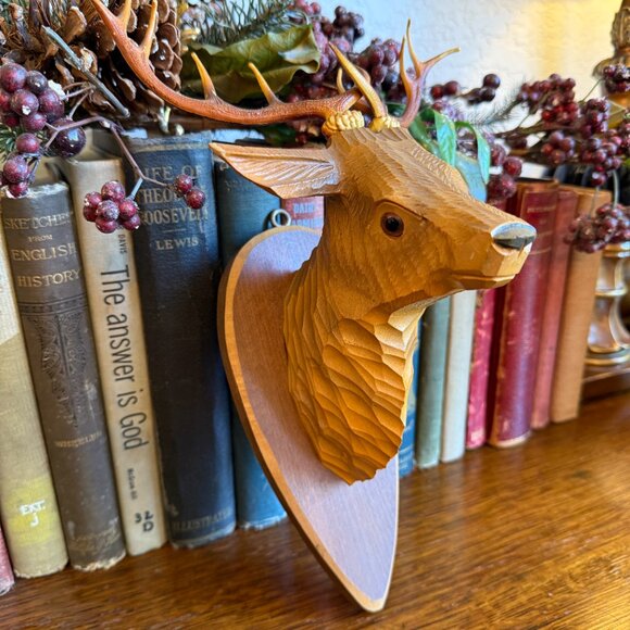 Vintage Carved Wood Deer Head Faux Taxidermy - Picture 4 of 12
